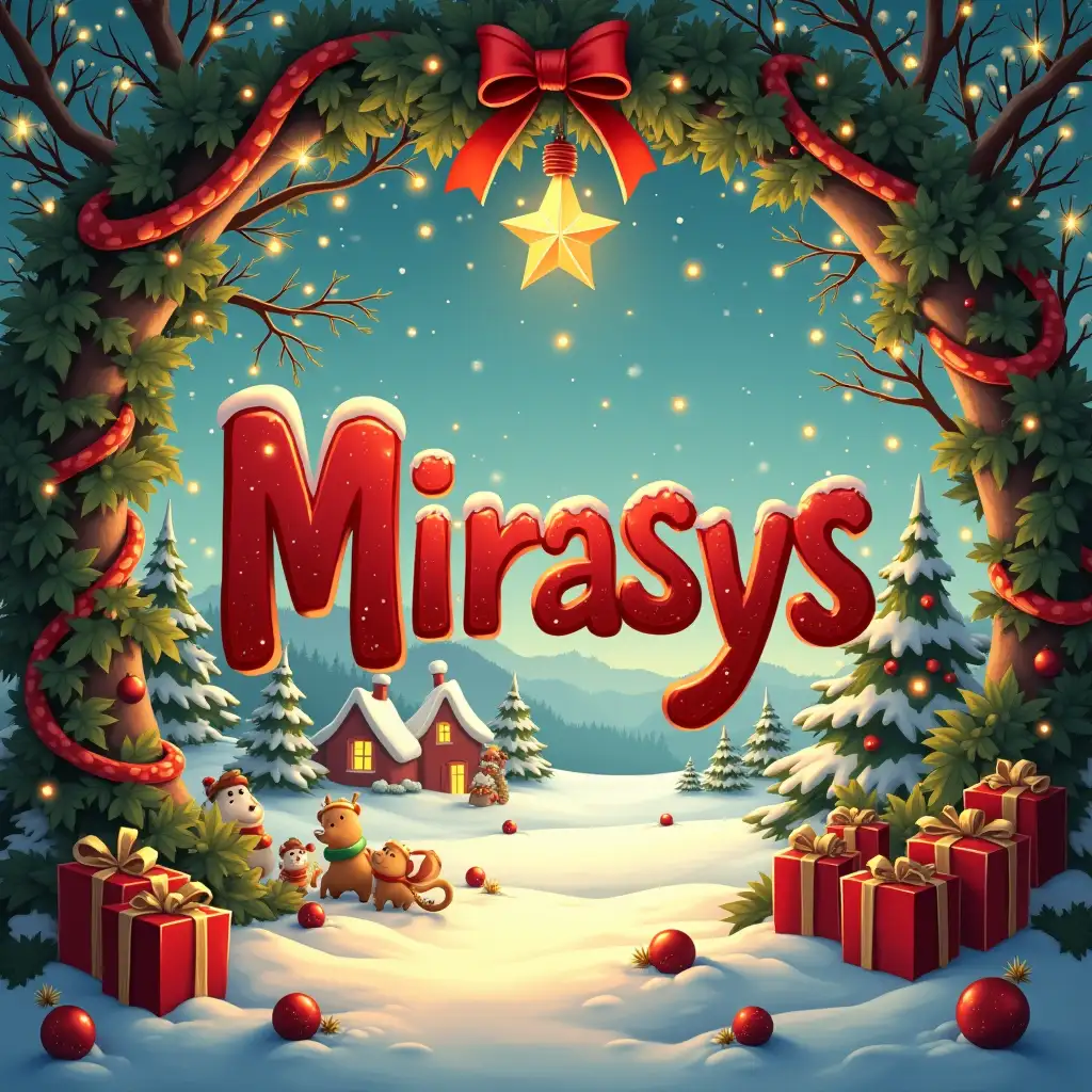 a christmas card style, full christmas theme, The word 'Mirasys' is prominently written in christmas style