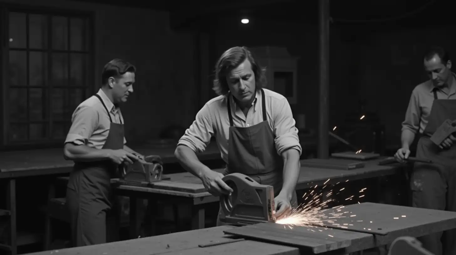 1950s black-and-white industrial workshop in switzerland: a 40 year old man with mid-length hair uses an Flex saw to cut wood, dressed in casual 1950s attire. sparks fly dangerously in a rustic, dusty setting with warm lighting. other workers are in the background also working.