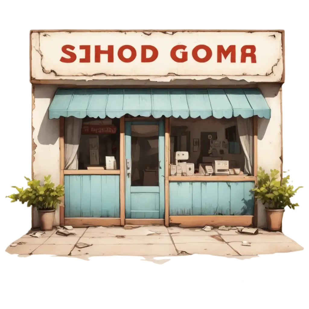 An animated, cartoon-style small car showroom with cracked walls and faded paint. The signboard is crooked, and the showroom windows are dusty and slightly broken. The interior has rough, uneven floors and a few old, poorly maintained cars. The overall style is simple and hand-drawn with a sketch-like aesthetic, using muted colors to emphasize the rundown look