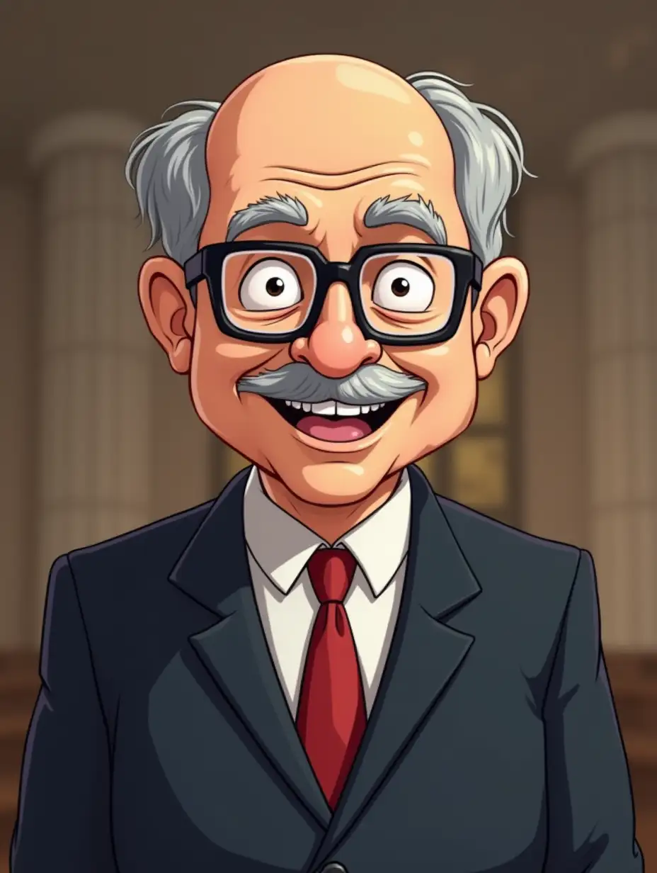 A Heavy set preacher balding grey hair, wearing a suit glasses and friendly cartoon