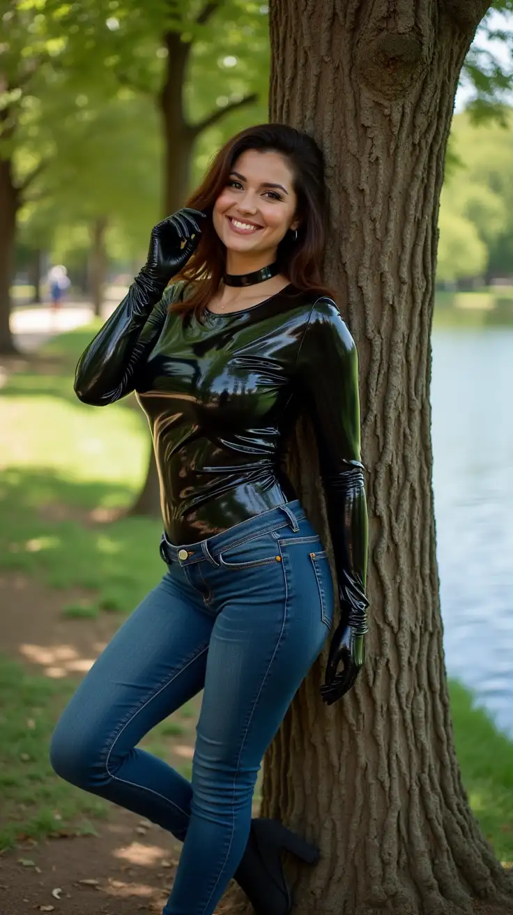 Confident curvy brunette woman leaning against a tree in the city park, wearing a highly reflecting skintight black latex full-body overall, black wrinkle-free latex gloves, blue jeans, high heels, narrow black latex choker, high quality clear latex reflections, smiling to the viewer, sunny day, lake in the background