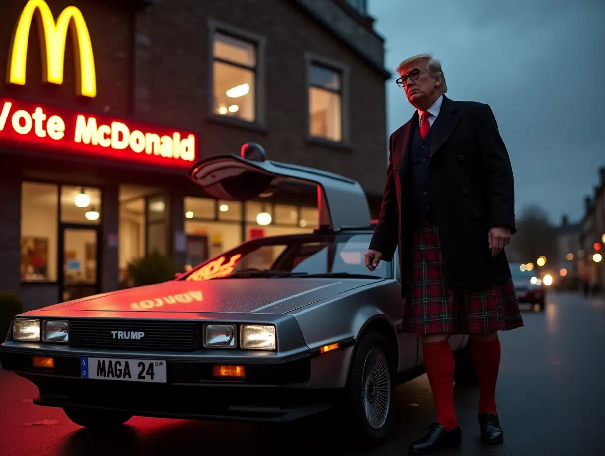 Donald-Trump-in-Scottish-Kilt-at-McDonalds-with-DeLorean-Time-Machine