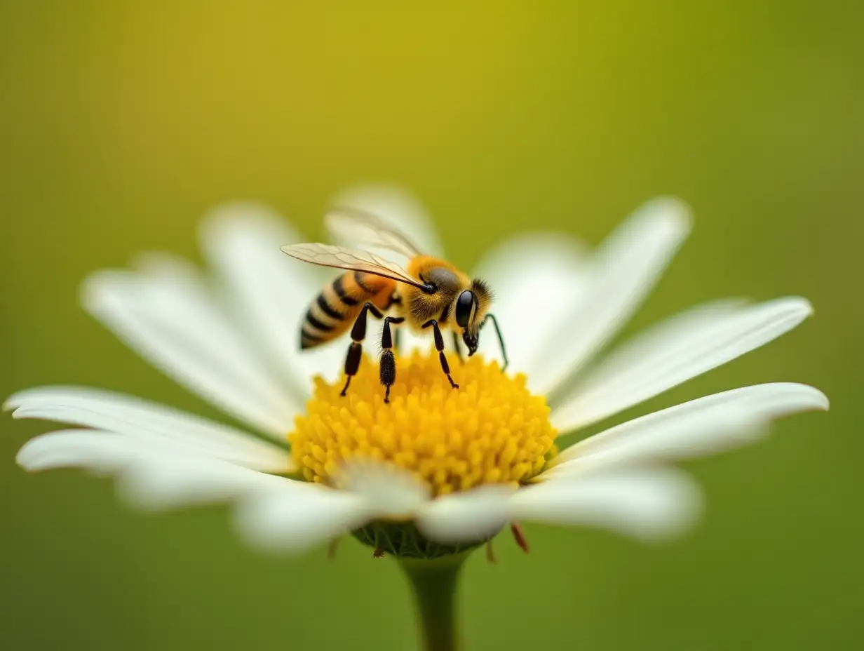 Bee Collecting Nectar from a Chamomile Flower in Macro Photography