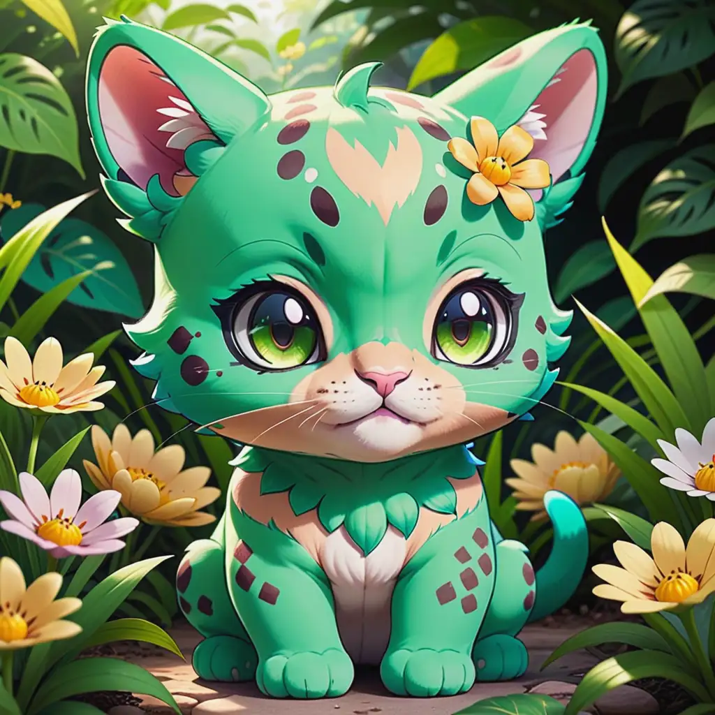 Cute Baby Puma Covered in Flowers Anime Cartoon Drawing in Pokmon Style