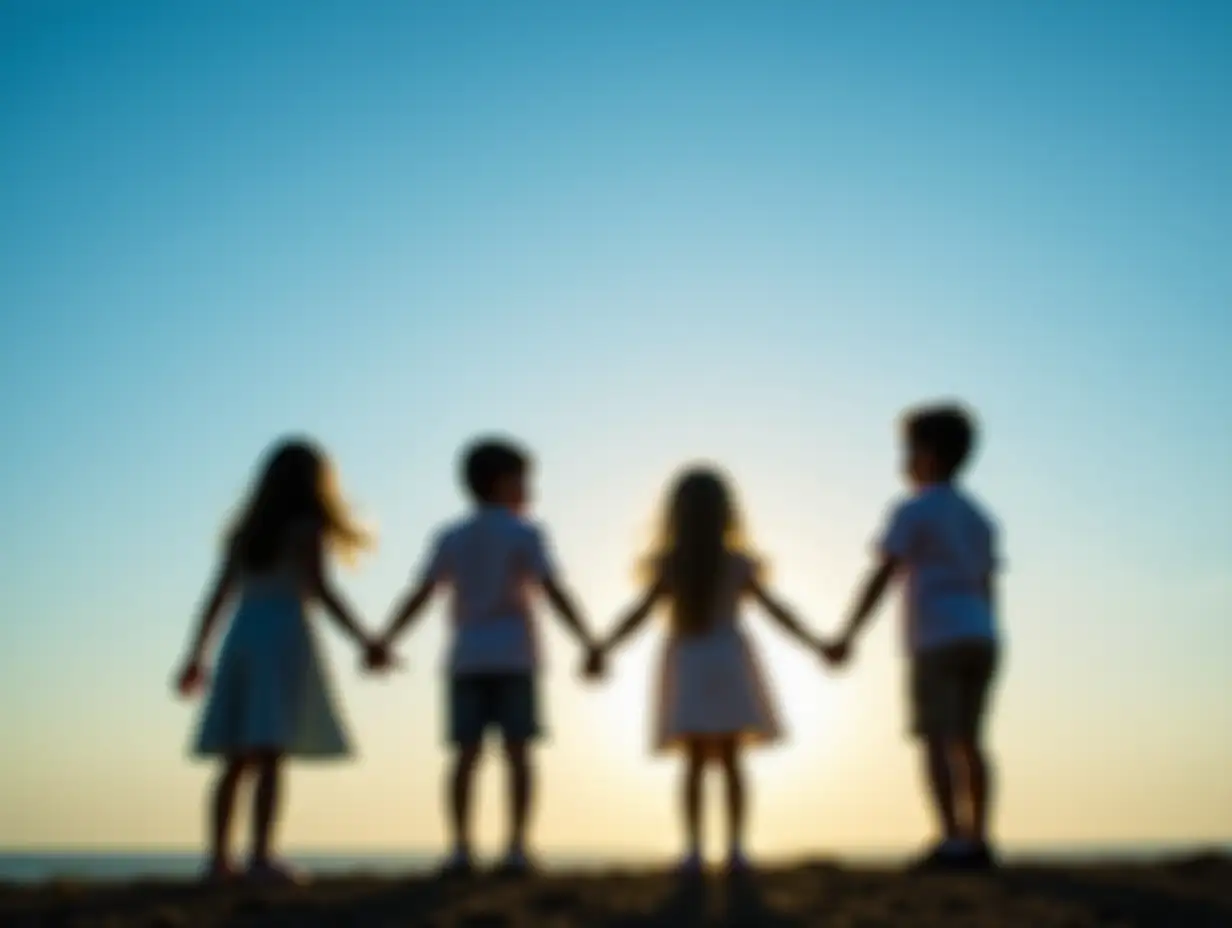 Silhouette 4 kids 2 girls and 2 boys  of same age holding hands under blue sky