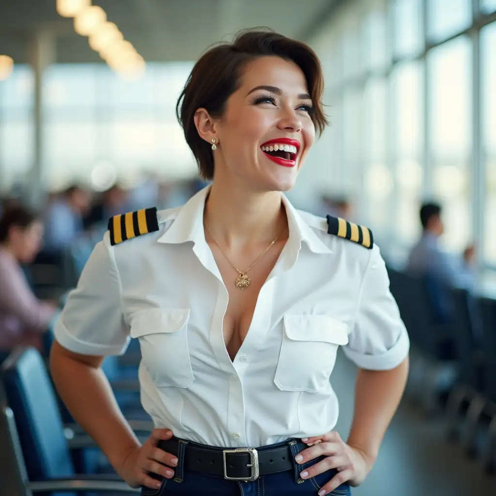 white norvegian curvy pilot lady, in white unbuttoned pilot shirt, laughing with her mouth open, red lipstick accentuating her smile,belt on waist, big wide hips, chest are fully grown, jewerly, short hair, HD, enjoing at airport , photo-realism