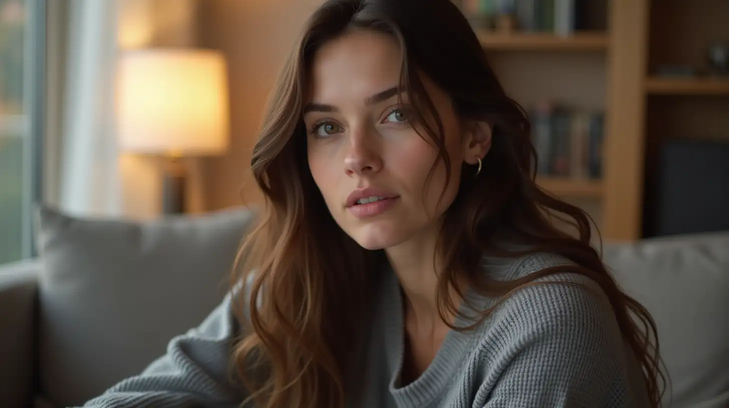 30 year old buxom pale white Irish woman, long wavy brown hair, peach lipstick. She is wearing a gray sweater, sitting on a couch, modern apartment at dawn