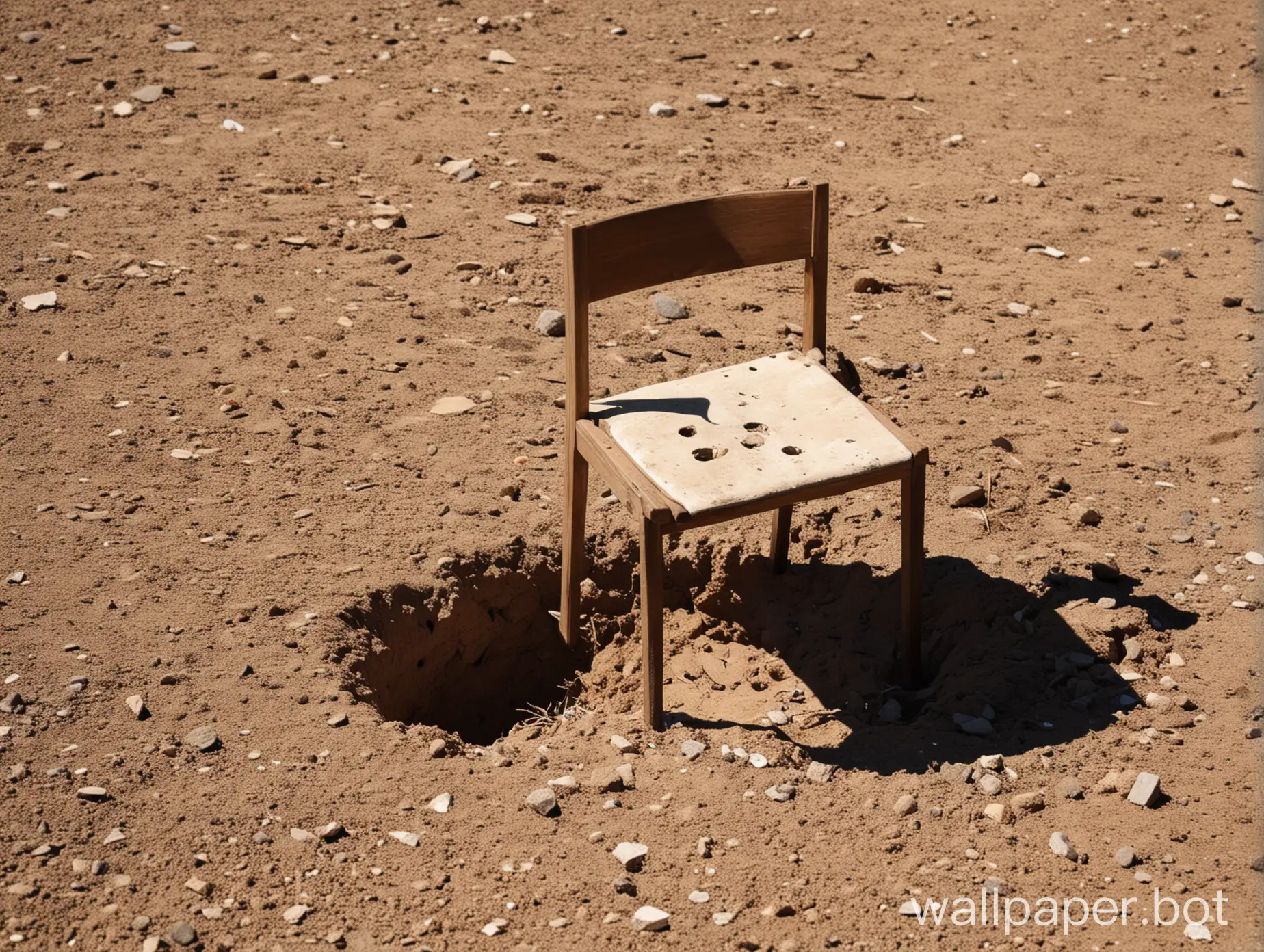 A chair in the middle of a hole sitting in the sun