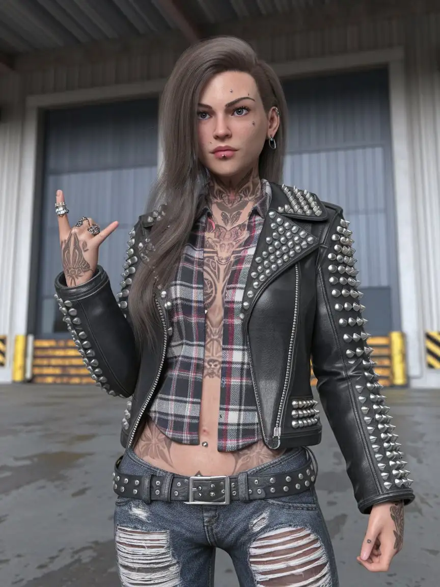 Punk-Woman-with-Tattoos-Showing-Rock-Gesture-in-Front-of-Warehouse-with-3D-Loader