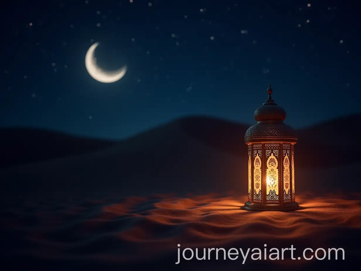 Ramadan-Kareem-Arabic-Lantern-in-Desert-at-Night-with-Crescent-Moon-and-Magic-Glitter