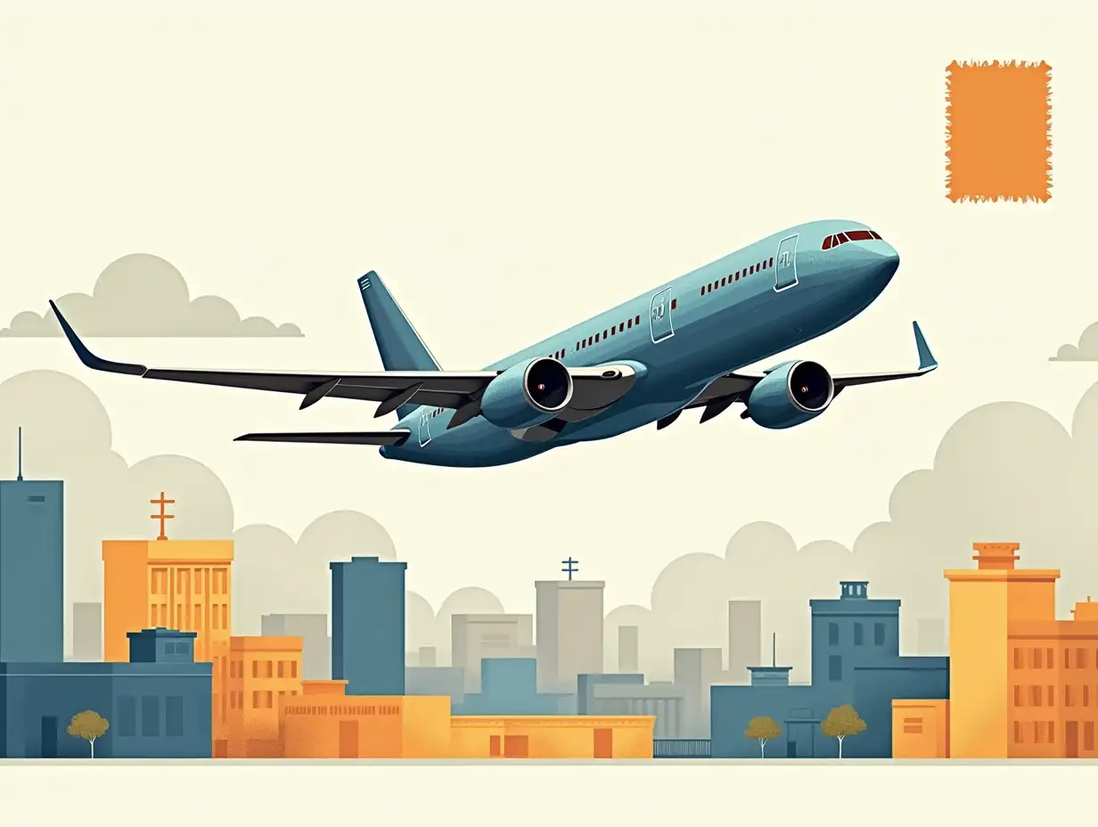 A stylized illustration of a passenger jet in flight, positioned diagonally across the image. The plane is a mix of blue and orange/light gray hues. The background depicts a airportscape, rendered in muted tones of white, yellowblue in various shades, and beige, with stylized clouds obscuring parts of the buildings. The airport's architecture is blocky and somewhat abstract. The plane is centrally located within the image but not perfectly centered, tilted slightly upward, and angled towards the upper right corner of the frame. It's in a dynamic flying pose, wings slightly outstretched, with visible engine details. The overall style is graphic and slightly textured, with a somewhat urban or industrial feel. The lighting is diffused, mimicking an overcast sky or ambient light. The colors are muted and not overly bright, creating a somewhat subdued atmosphere. The perspective is from a slightly elevated angle, giving a view of the plane in mid-flight. Important details include the plane's design, the graphic airportscape background and the text on the stamp.