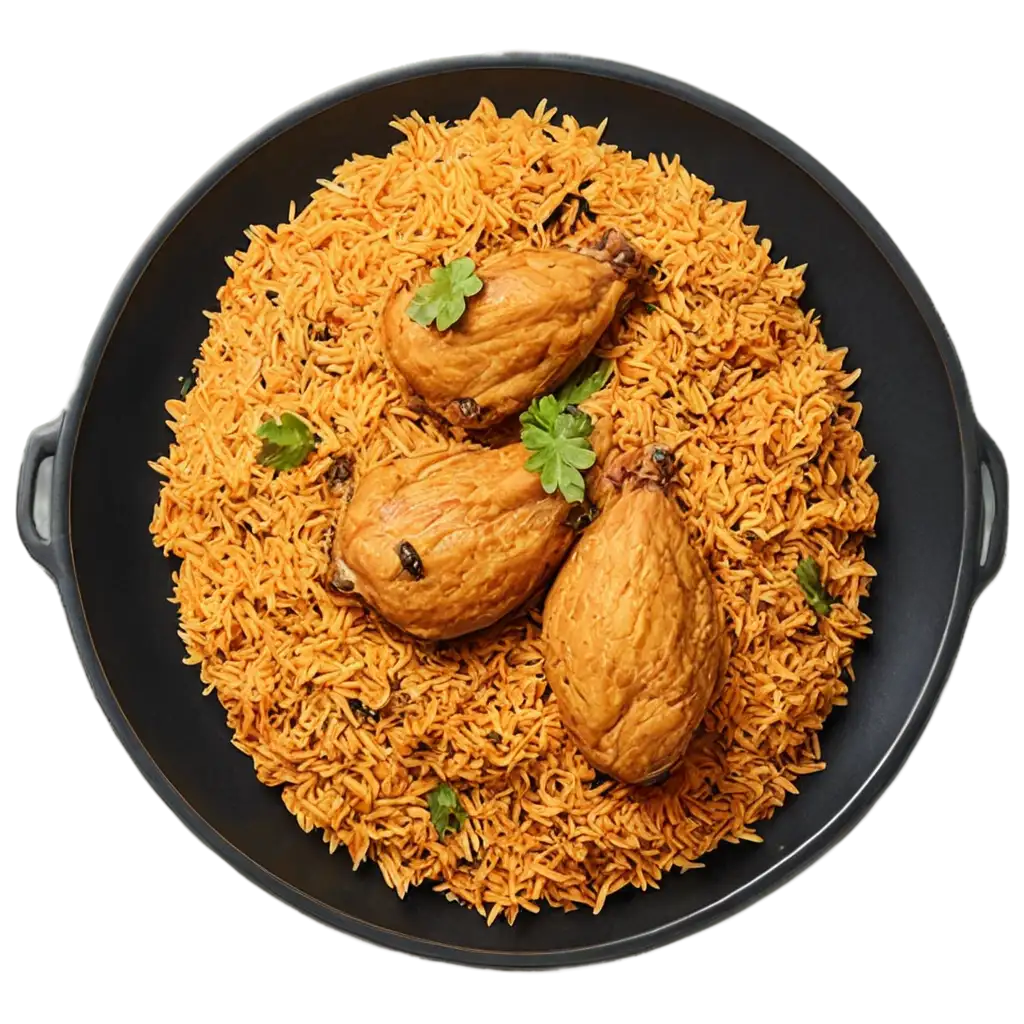 Delicious-Chicken-Biryani-PNG-Image-on-Black-Plate-with-Two-Leg-Pieces