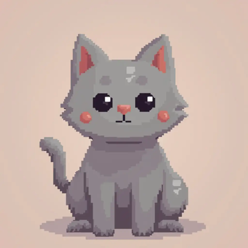 Simple pixel art style cat illustration with solid color background. The main character takes up 100% of the frame and has a blocky, pixelated appearance with large pixel blocks. The background is a single solid color without any additional elements or textures, enhancing the retro pixel art feel. There are probably 20-30 pixel blocks in the screen horizontally and vertically.