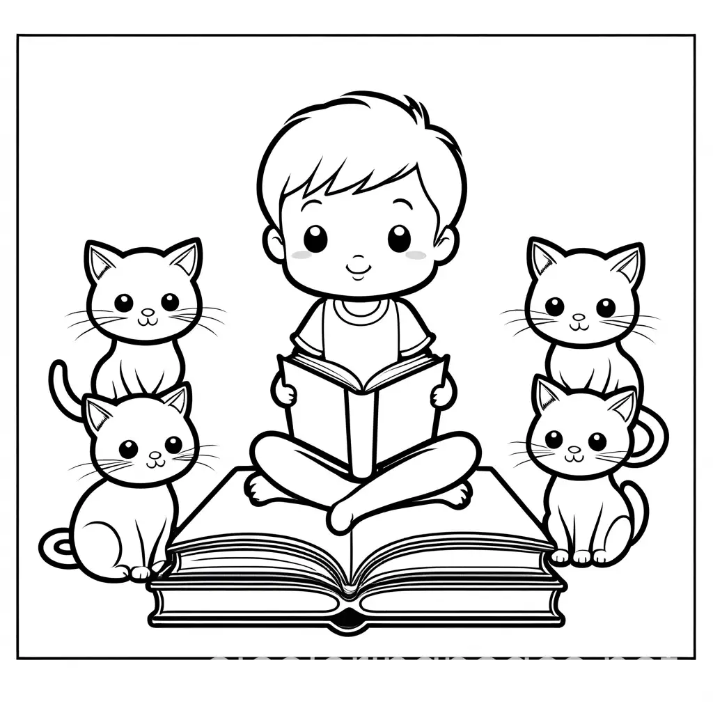 friendly cartoon character, little boy, ready a book to kittens,  Coloring Page, black and white, line art, white background, Simplicity, Ample White Space. The background of the coloring page is plain white to make it easy for young children to color within the lines. The outlines of all the subjects are easy to distinguish, making it simple for kids to color without too much difficulty