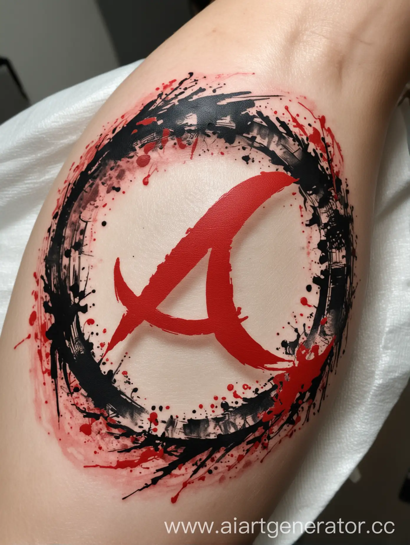 Trash-Polka-Style-Tattoo-with-ENSO-Symbol-and-Red-Paint-Strokes