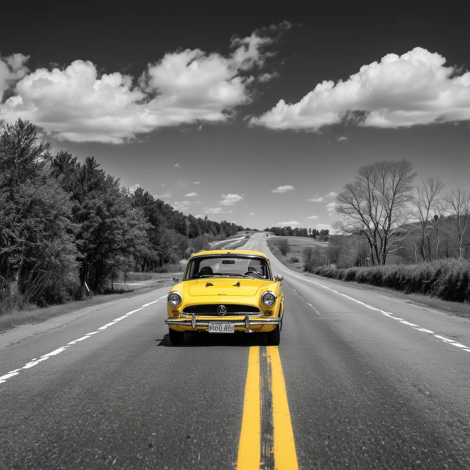 Bright-Yellow-Car-Driving-Down-Black-and-White-Country-Road