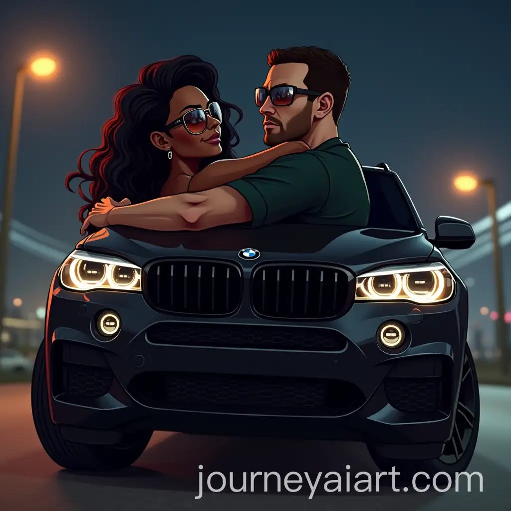 African-American-Woman-and-White-Man-Hugging-in-Front-of-BMW-X5-at-Night-City