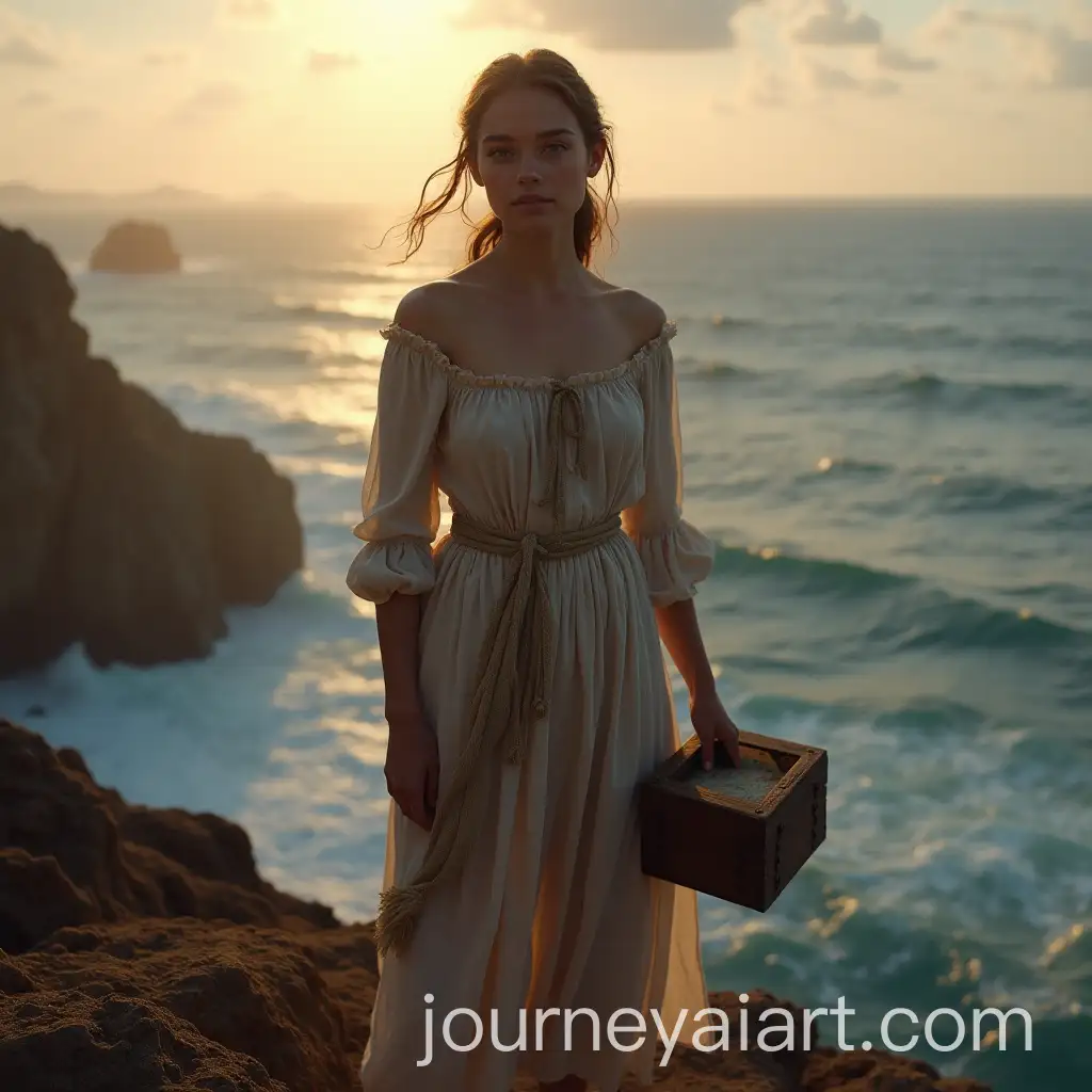 Young-Woman-Holding-Map-on-Cliff-Overlooking-the-Sea-at-Sunset