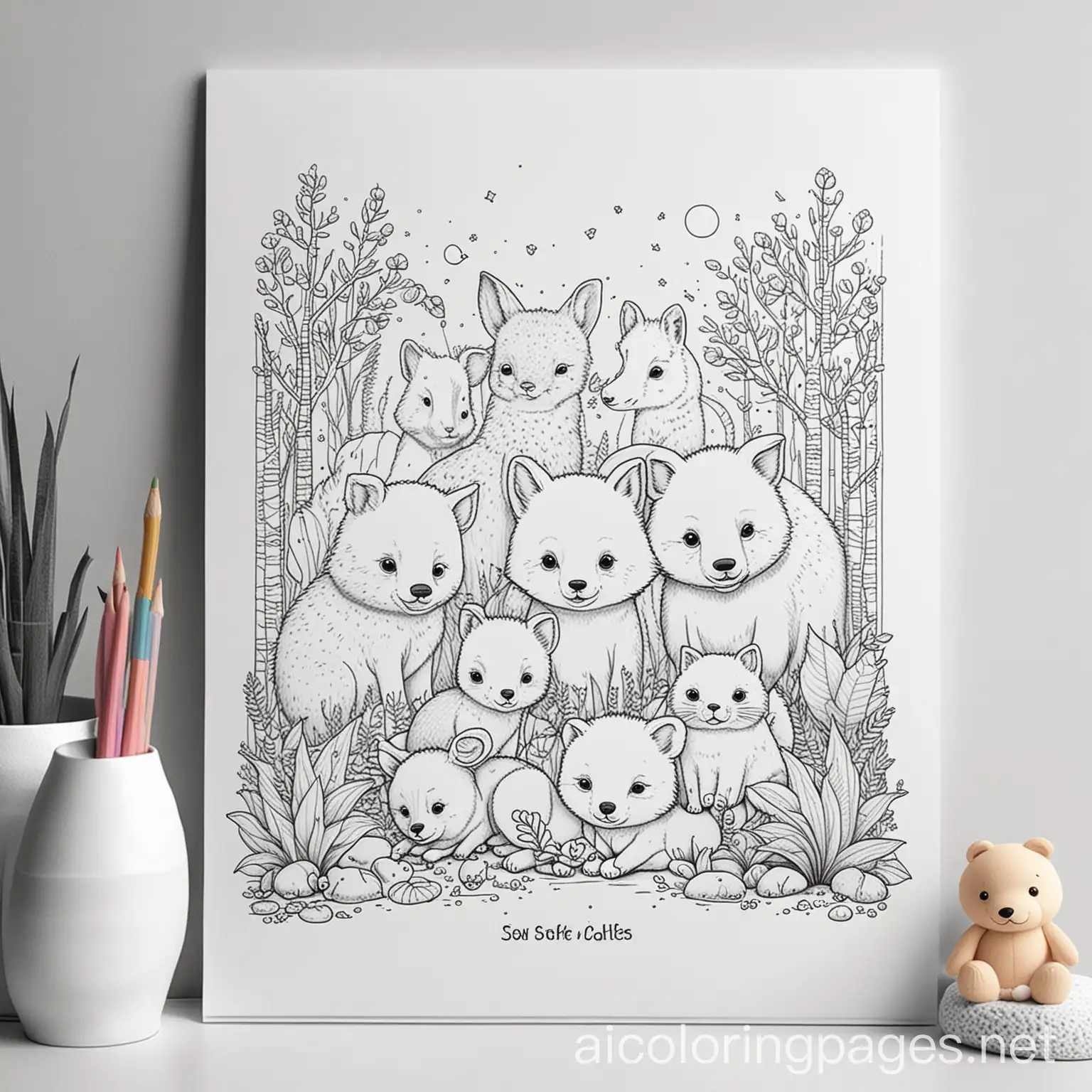 Coloring-Page-of-Cozy-Decor-with-Cute-Animals