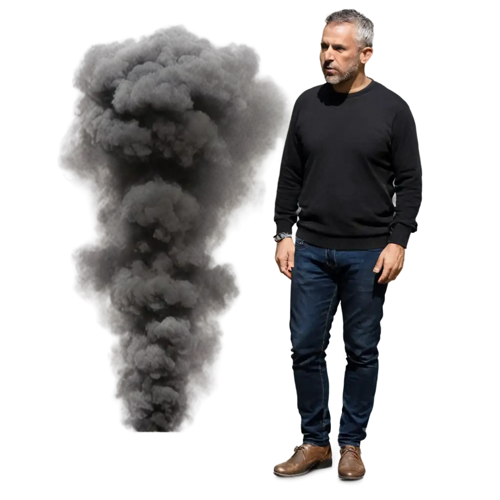 A middle-aged man with a beautiful face, short hair in a cloud of black smoke, and simple clothes looking at Quds