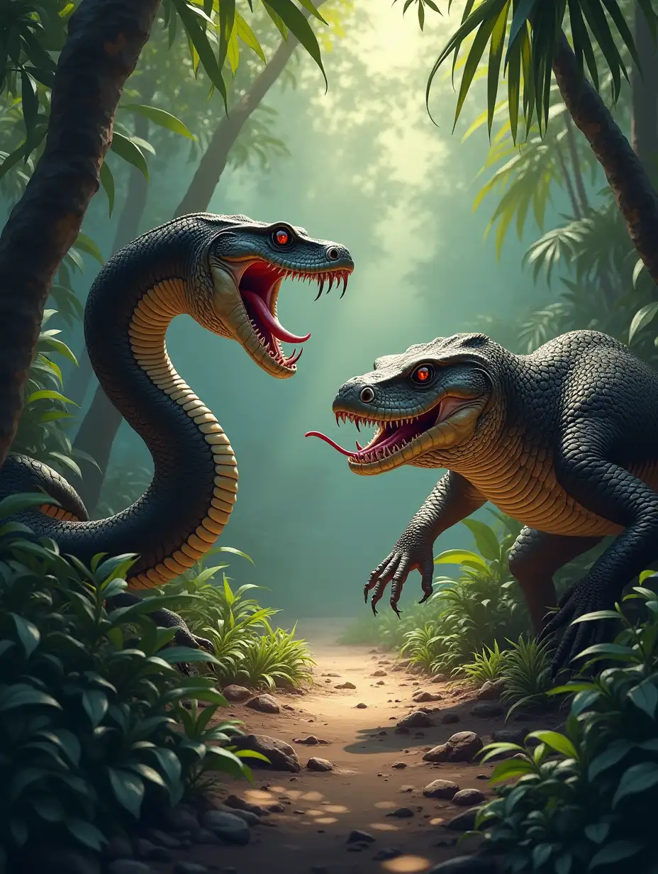 Illustrate a hyper-realistic confrontation between a coiled python with its mouth wide open and a muscular Komodo dragon crouching low, its forked tongue flicking. Place them in a humid jungle clearing surrounded by thick vegetation, with dappled sunlight filtering through the canopy.