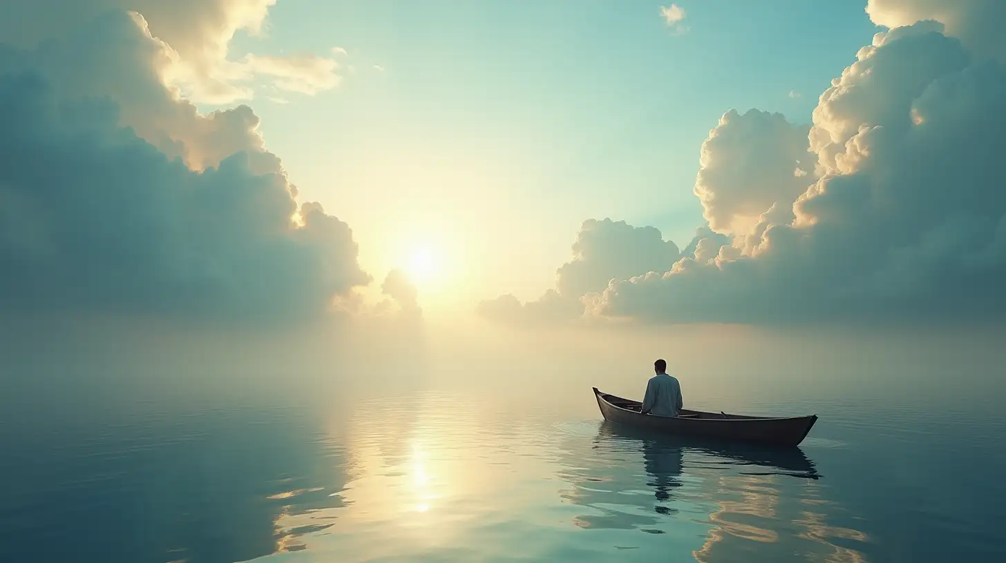 Biblical Era Man in Small Boat on Tranquil Lake with Magnificent Sky