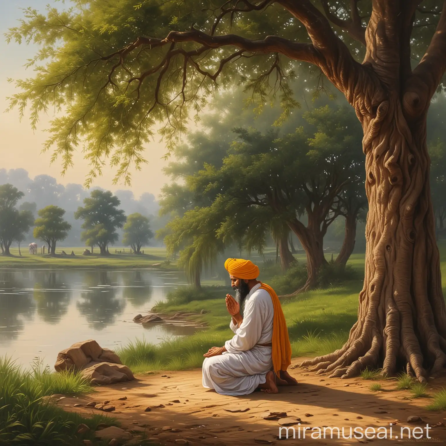 Serene Sikh Man Praying Under a Tree Oil Painting of a Peaceful Scene