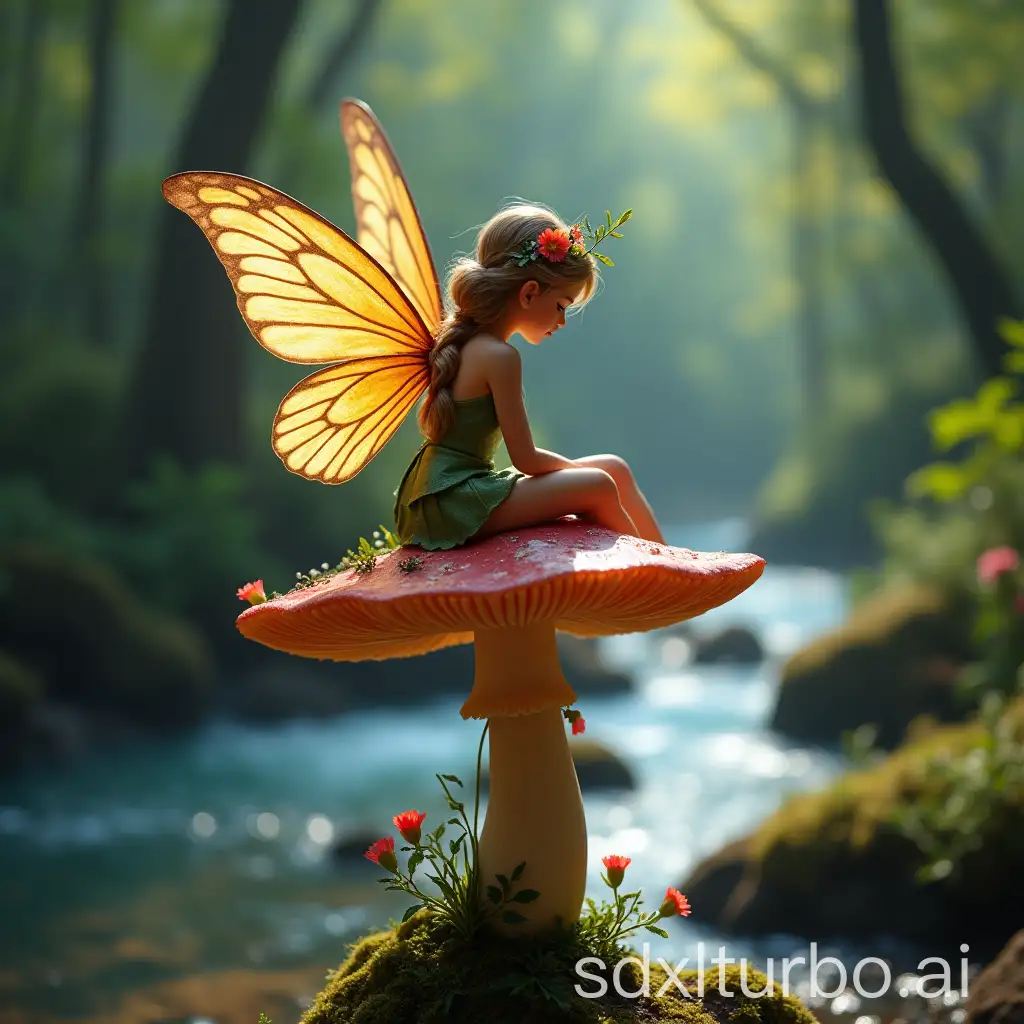 Close up fairy sitting on the top of a magic mushroom, a forest on the background, a river of colorful waters