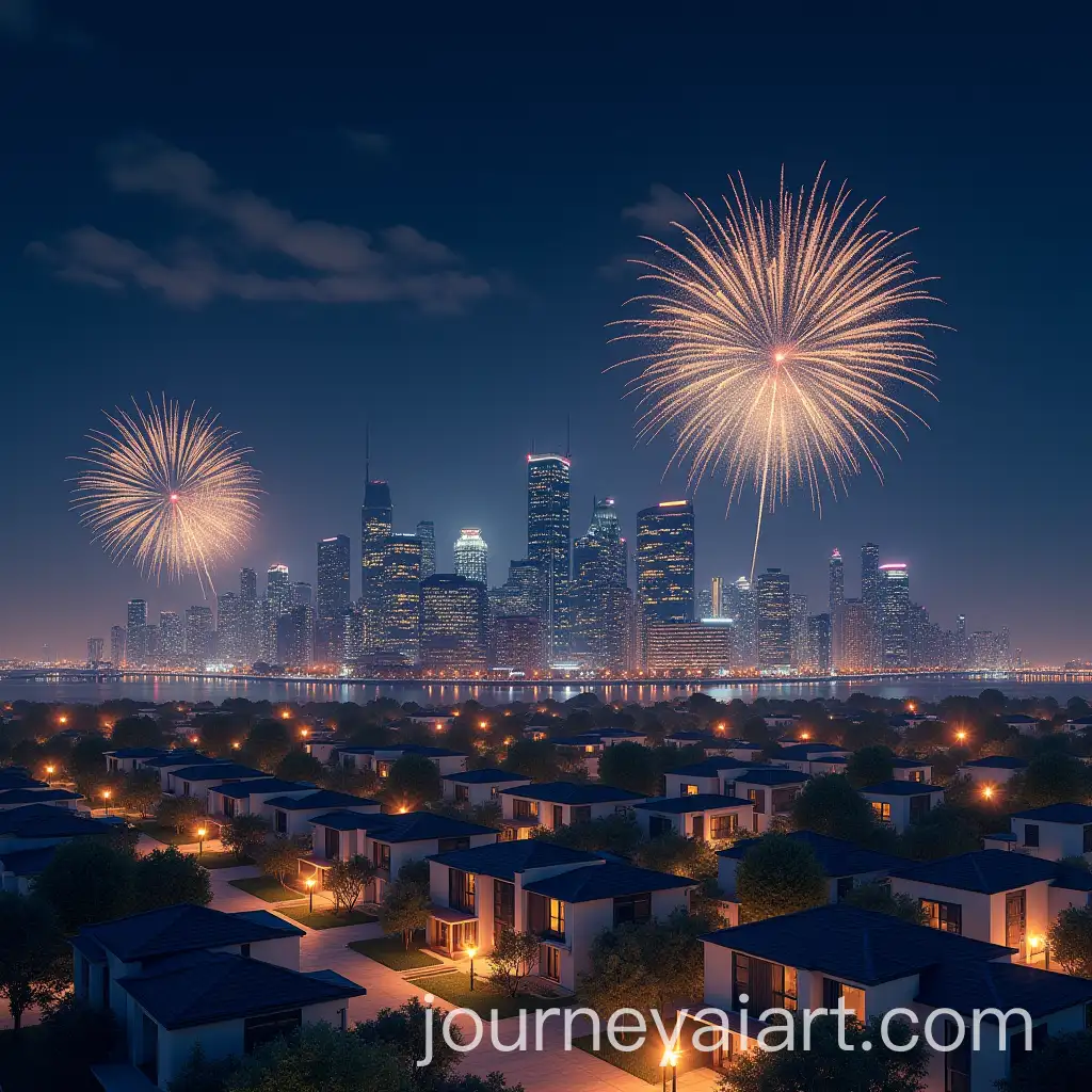 Modern-Cityscape-with-Fireworks-and-Luxurious-Homes-at-Night
