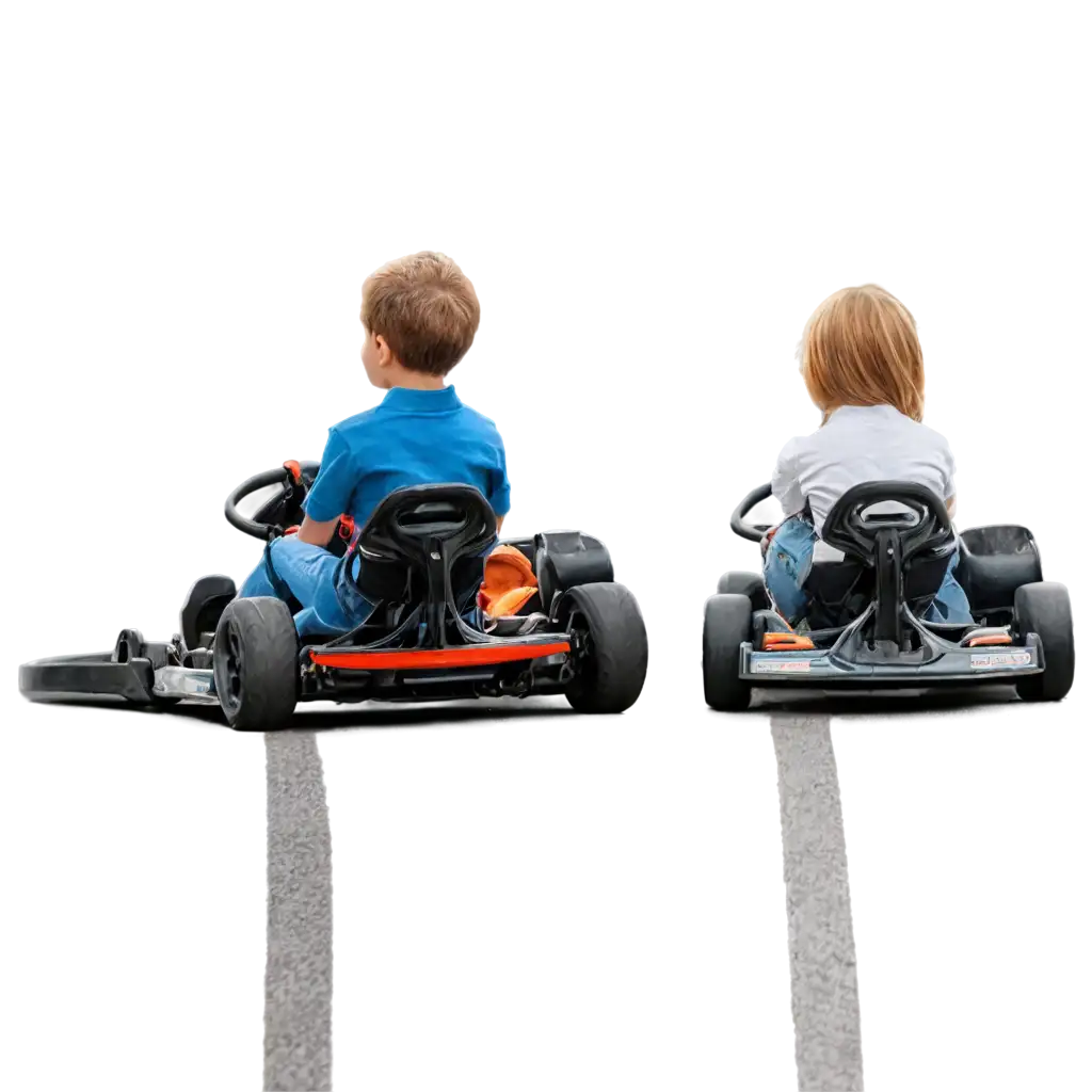 Two children go karting seen from behind. A boy and a girl