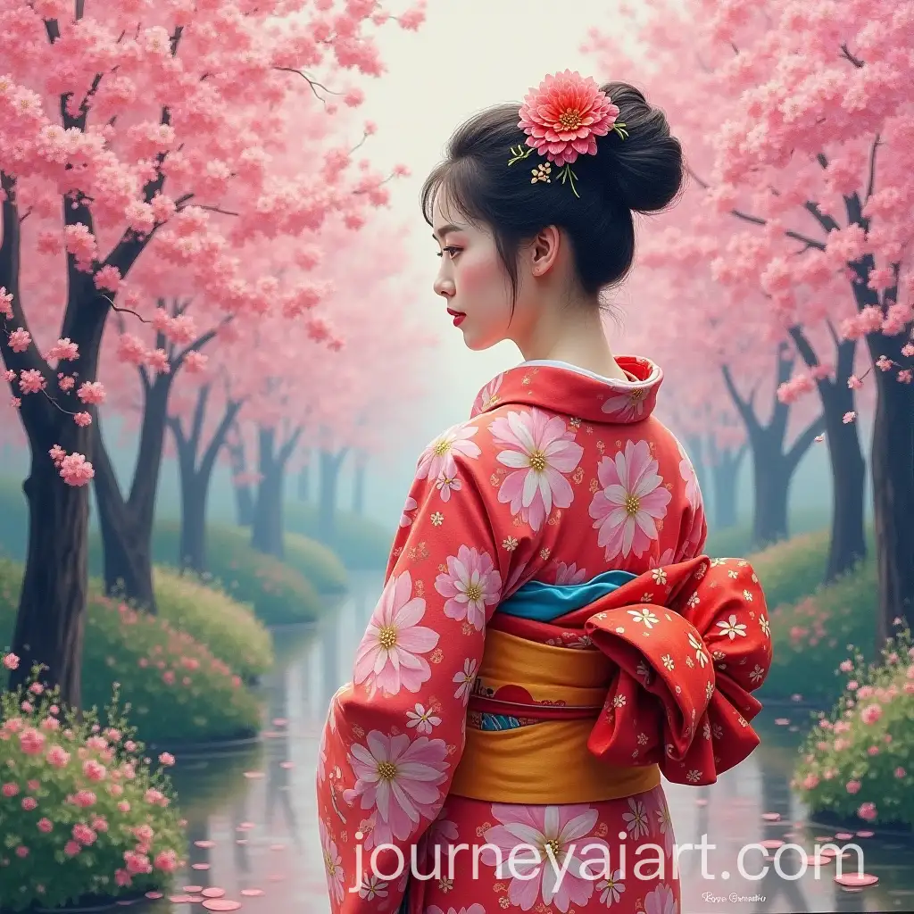 Woman-in-Kimono-Surrounded-by-Cherry-Blossoms-in-Bright-Oil-Painting-Style