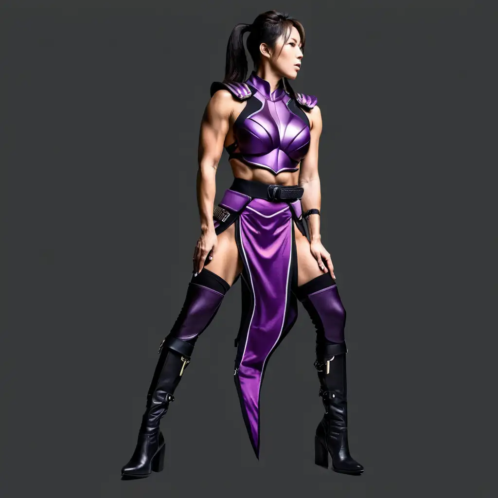 Japanese Woman Bodybuilder in Sleeveless Purple Samurai Armor