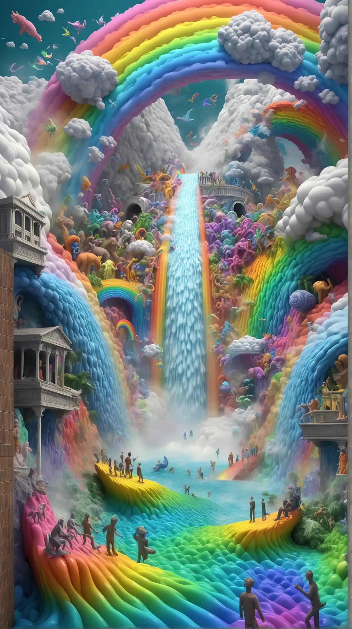 Surreal Fantasy Landscape with Rainbow Clouds and Tidal Waves