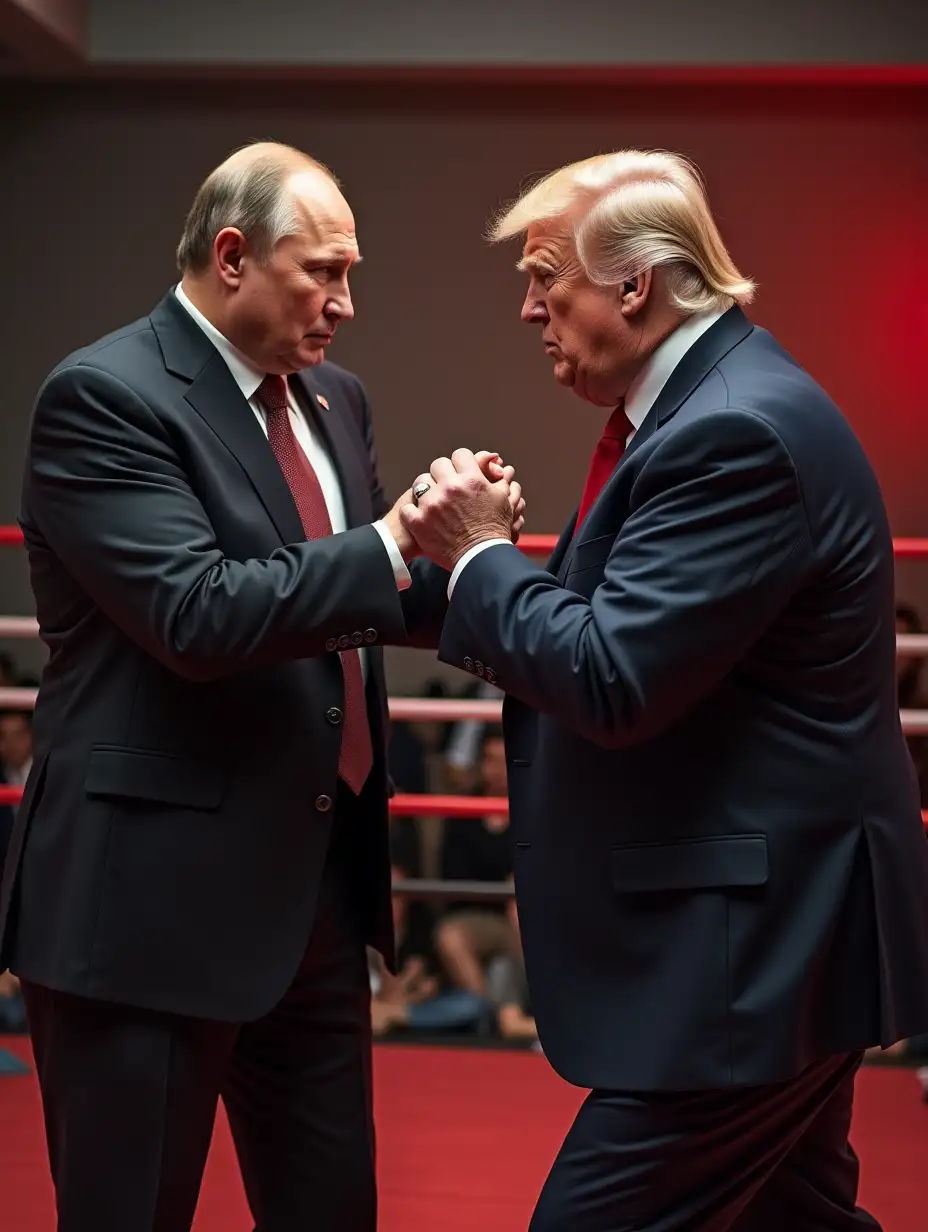 Create a picture of president Putin and Trump fighting in a wrestling club