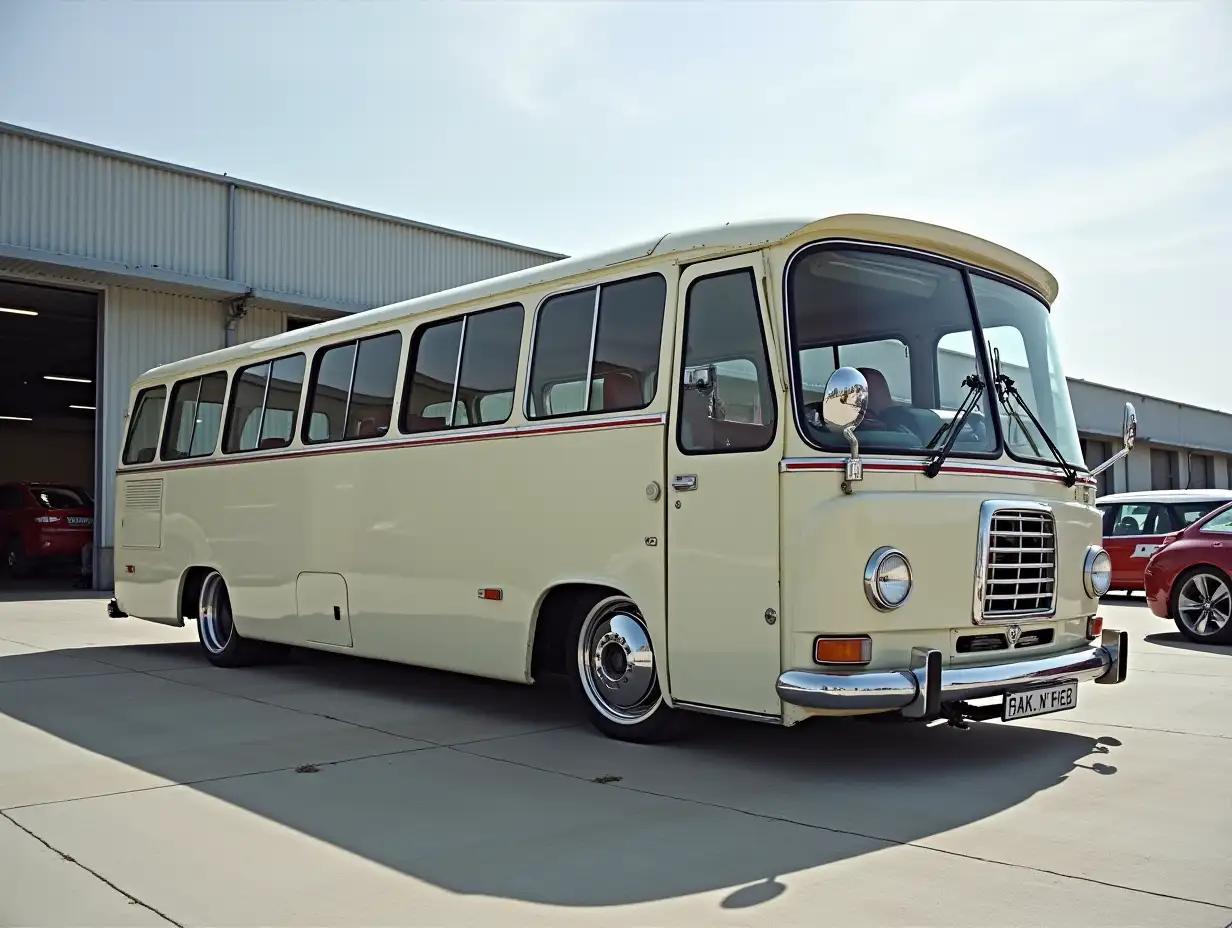 Formula 1 bus with rear wings, lowered, aluminum wheels, Cream