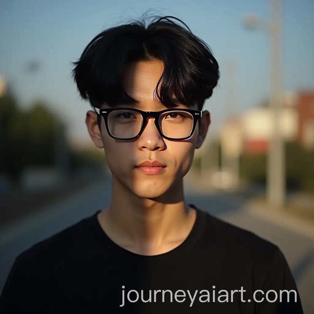 Headshot-of-Asian-Male-with-Kpop-Hairstyle-and-Black-Glasses-in-High-Contrast-Lighting