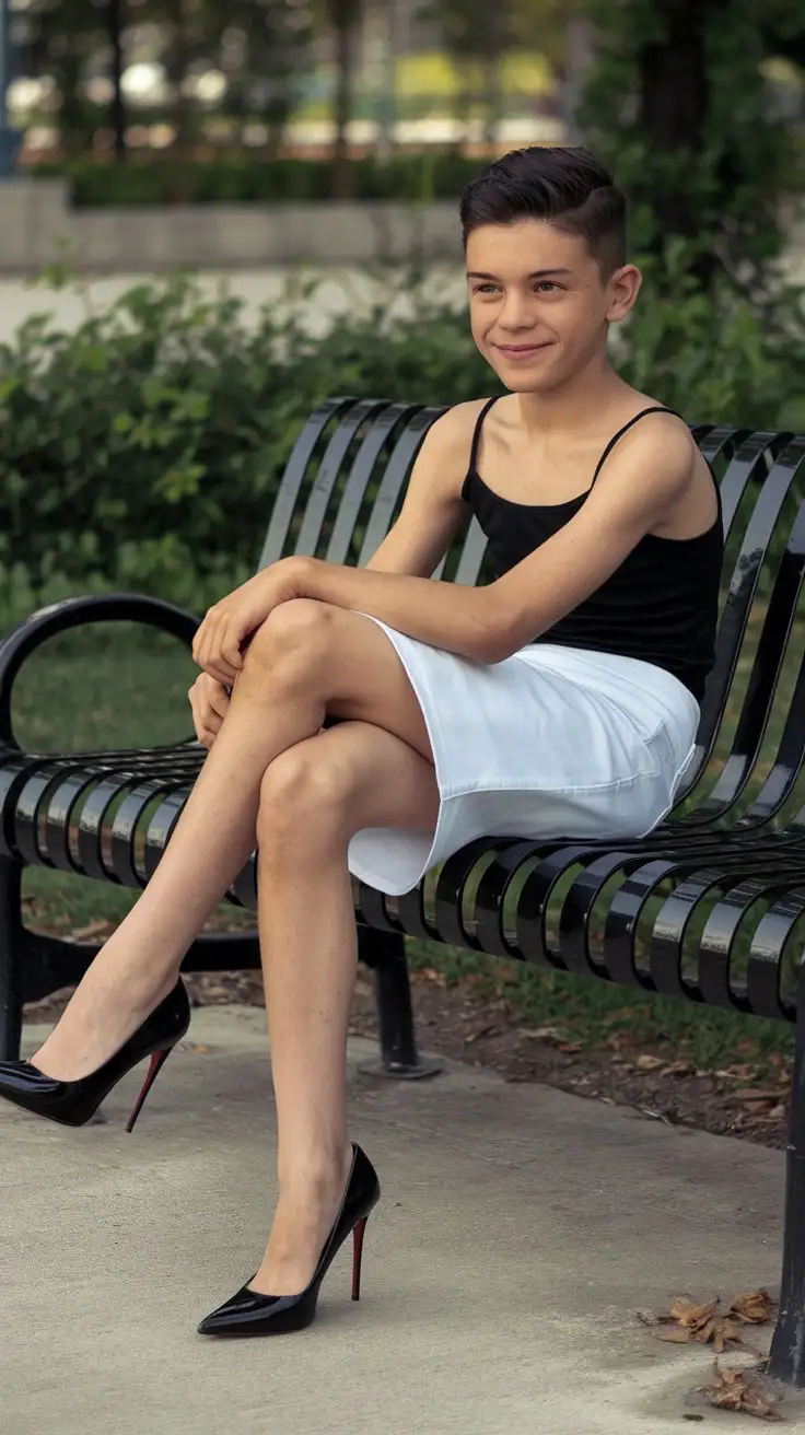 little young boy wear black spagetti strap top and white pencil skirt and black louboutin high heels and long legs and sitting on a park bench and smiling and cross legs