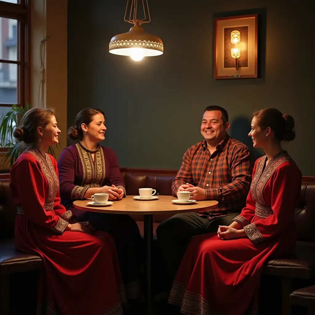 create an image of a group of people in Turkmen traditional dresses. Sitting, laughing and playing a quiz game in the coffee shop with coffee cups on the table