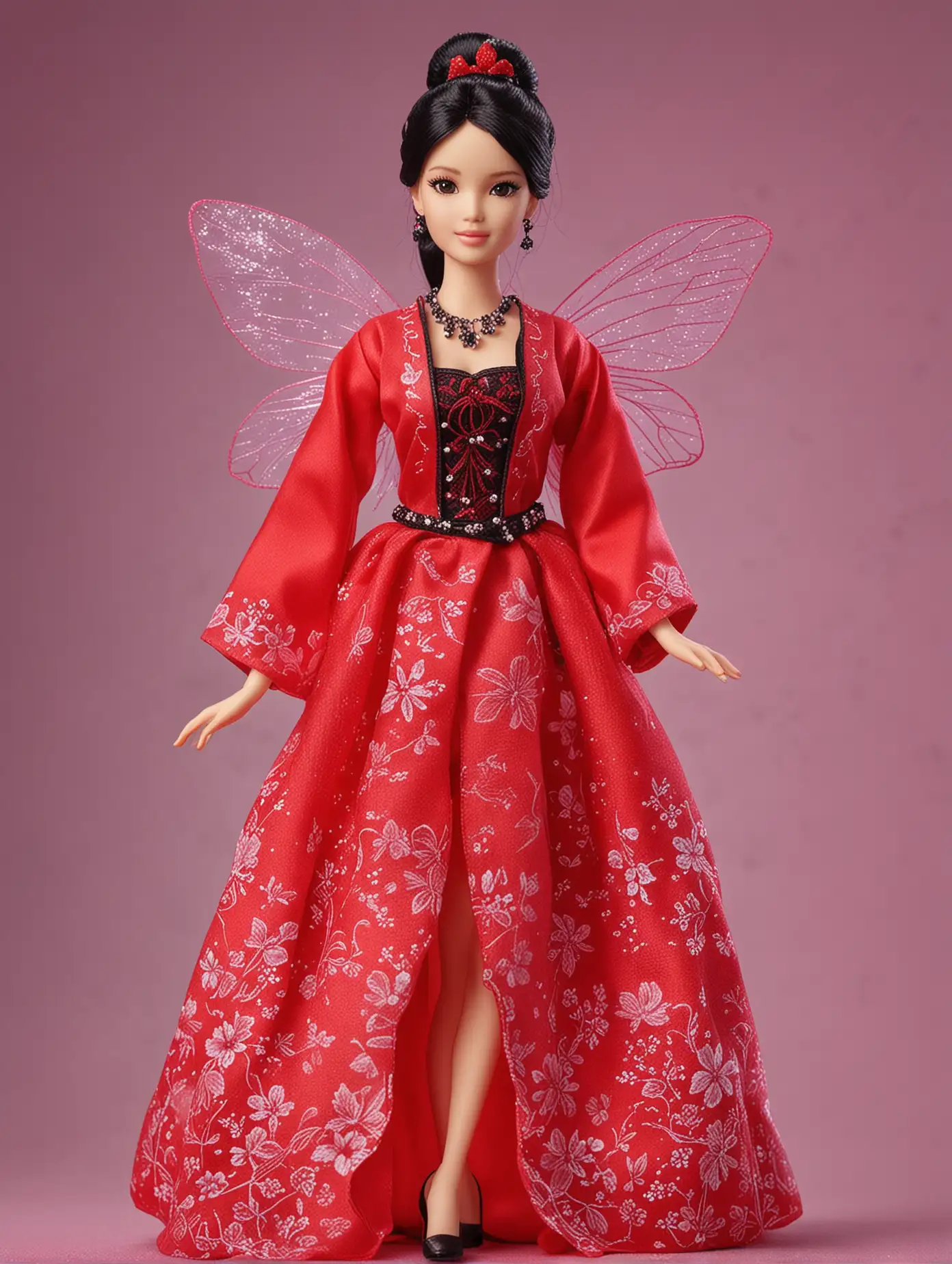 Beautiful Red Fairy Barbie Doll Standing on Human Hand