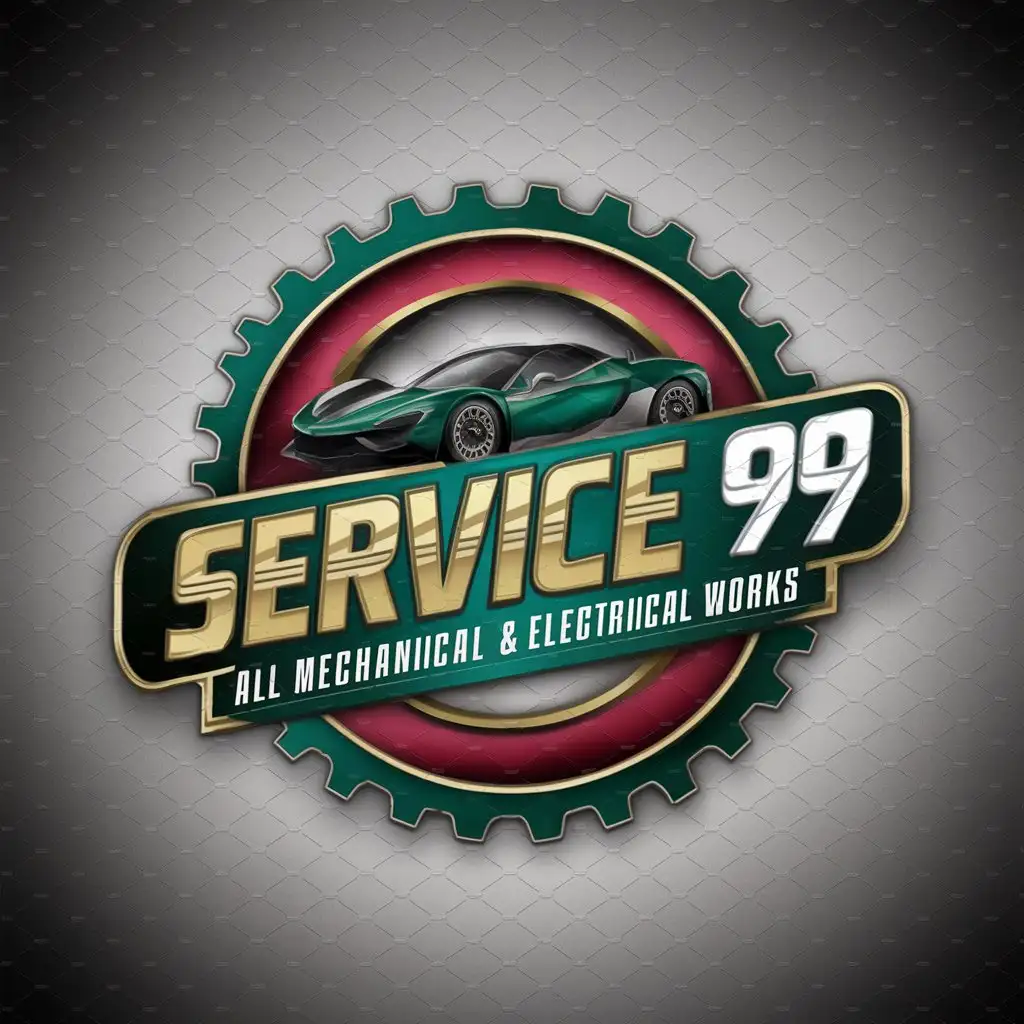 LOGO Design For SERVICE 99 Bold Gold Text with Futuristic Hypercar and Gear Theme