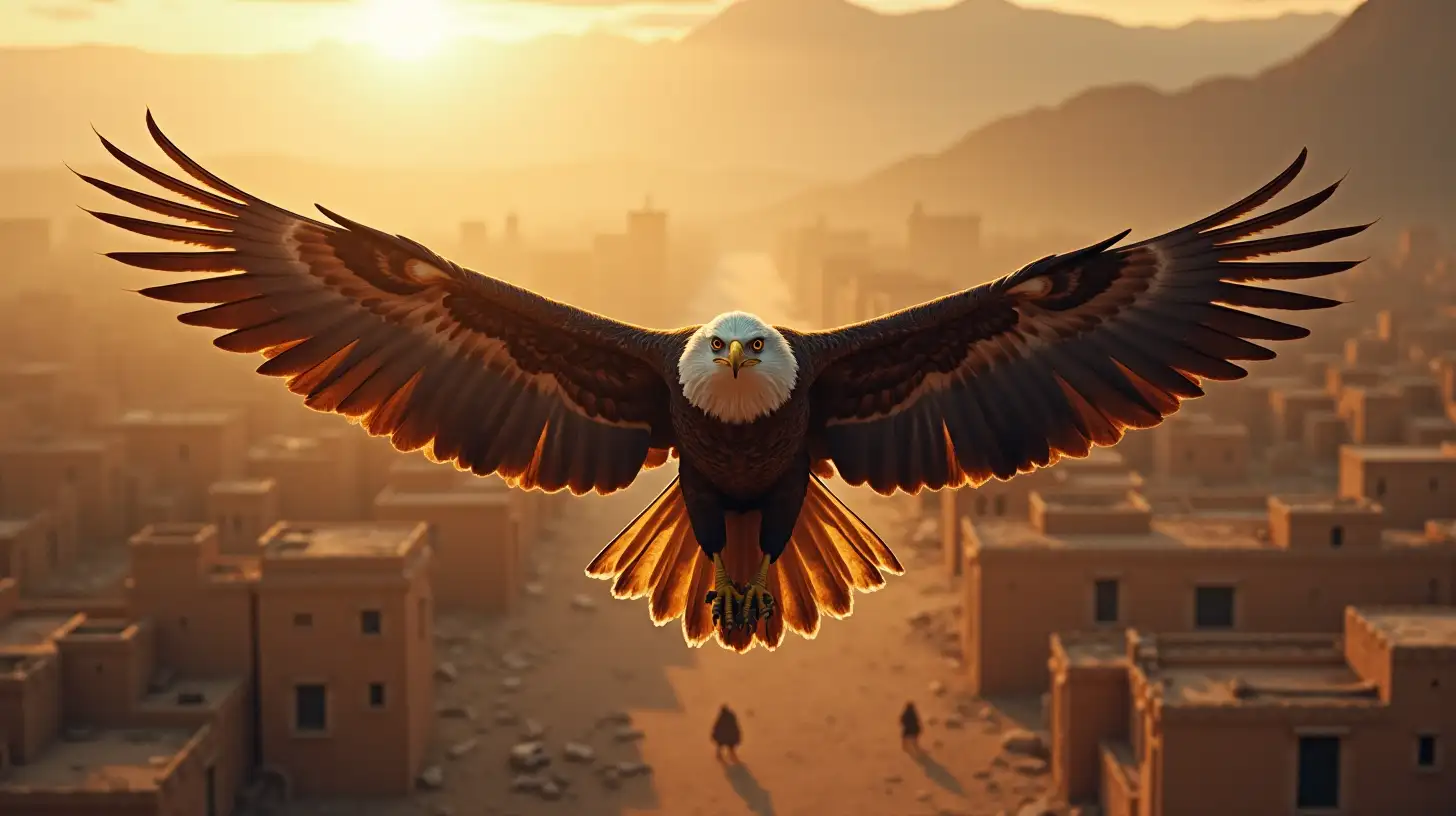 Eagle Flying Over Desolate Biblical City