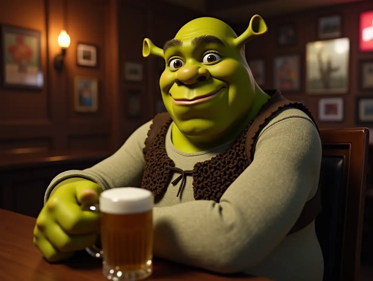 Shrek has lounged boldly in a pub with a mug of beer in his hand