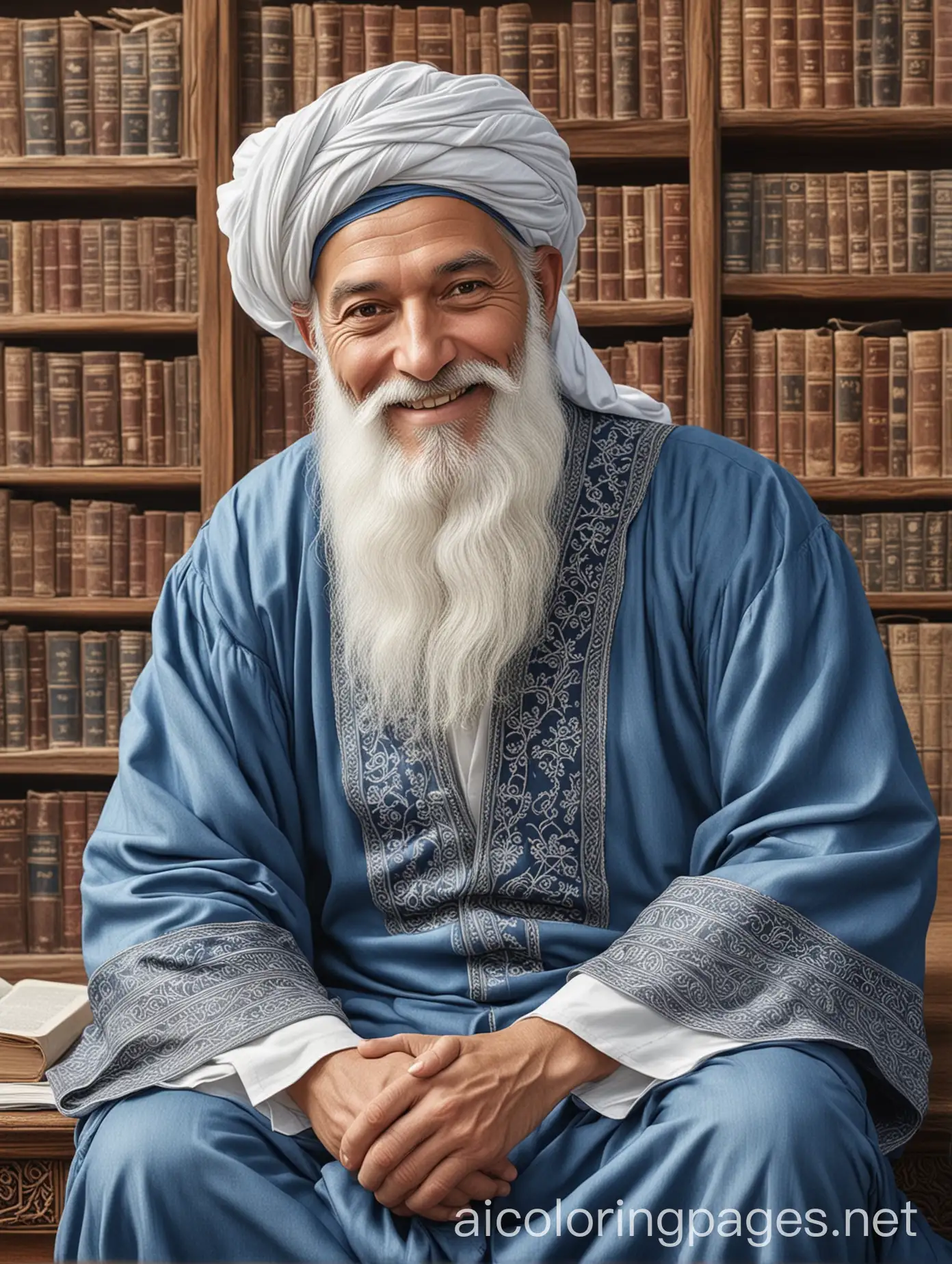 MiddleAged-Islamic-Scholar-in-Vintage-Blue-Attire-Smiling-in-Old-Library