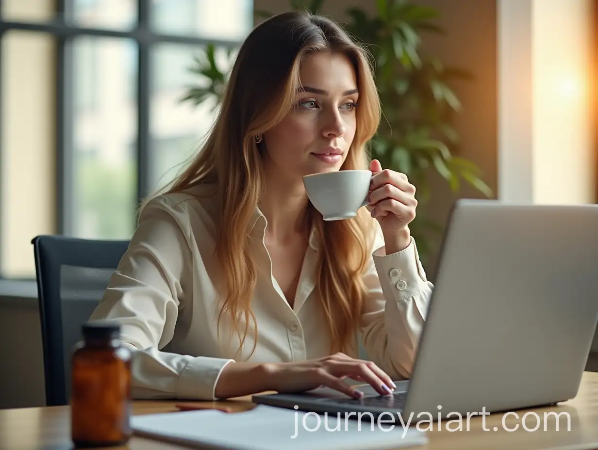 Young-Professional-Woman-Sipping-Tea-at-a-Stylish-Office-Desk-with-Supplements