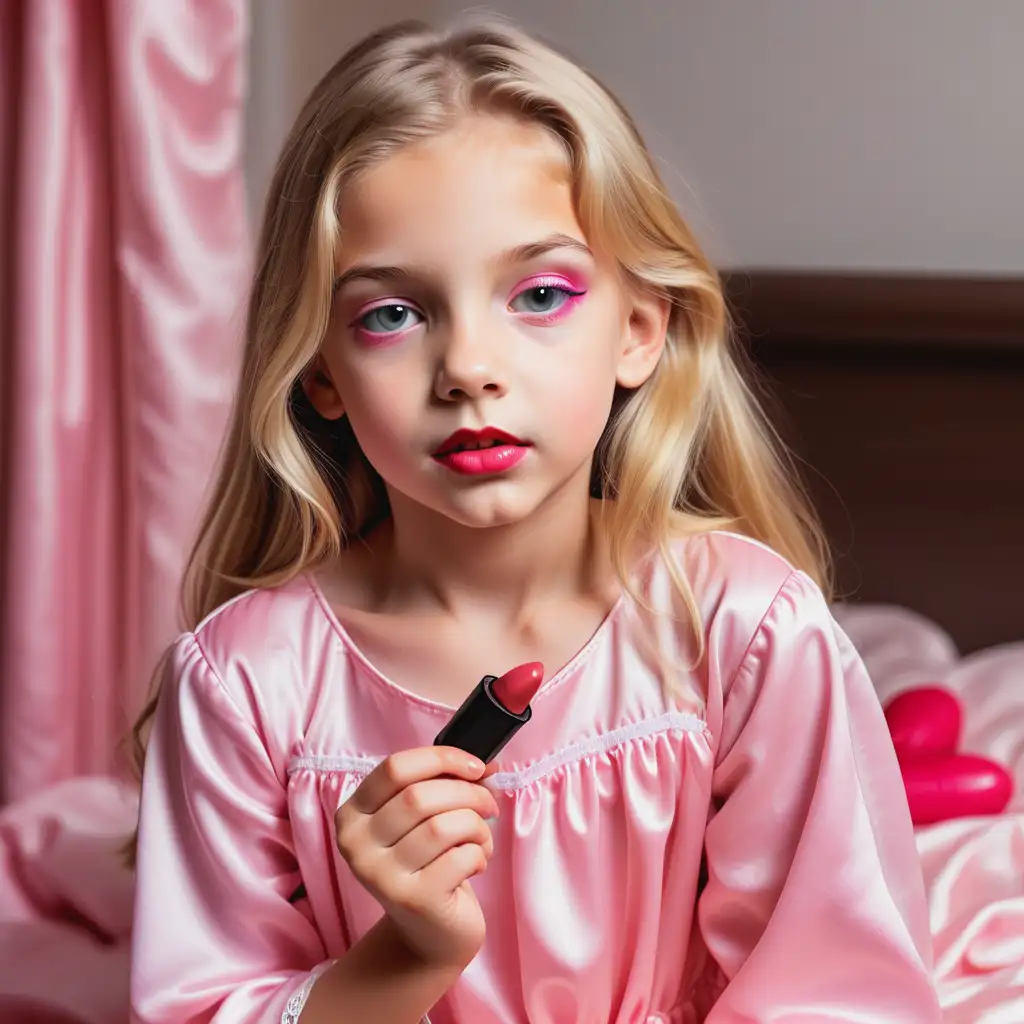 Blond-Preteen-Girl-in-Satin-Nightgown-with-Bold-Makeup-and-Lipstick