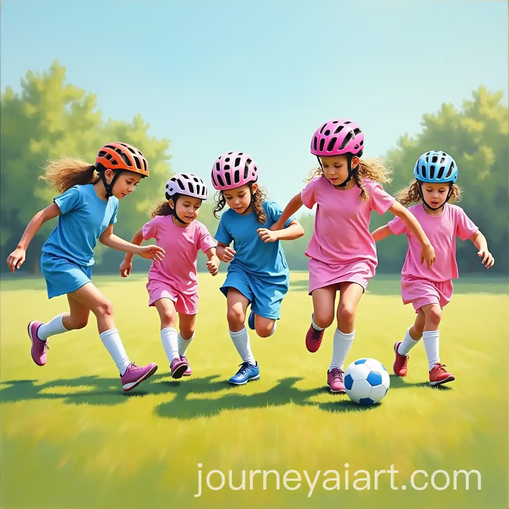 Little-Girls-Playing-Tackle-Soccer-in-Bike-Helmets-and-Soccer-Dresses