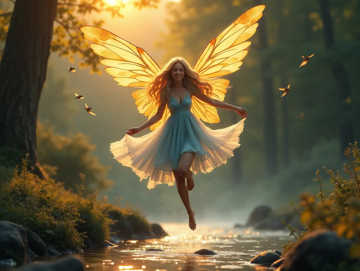 cinematic Illustrate of a serene and captivating image of a beautiful feminine Fairy woman with golden wings and long blond hair leaping into the air from a log playing beside a sparkling forest stream at sunset. Her eyes are gently open as she smiles to camera,  She wears a flowing, blue semi transparent-coloured dress that flutters in the soft breeze, blending harmoniously with the surrounding Swiss alpine forest . The dancing setting sun light filters through the trees, casting golden rays on her golden wings, creating a tranquil and enchanting atmosphere.surrounded by little golden fairies dancing a little female Nuthatch birds sits close