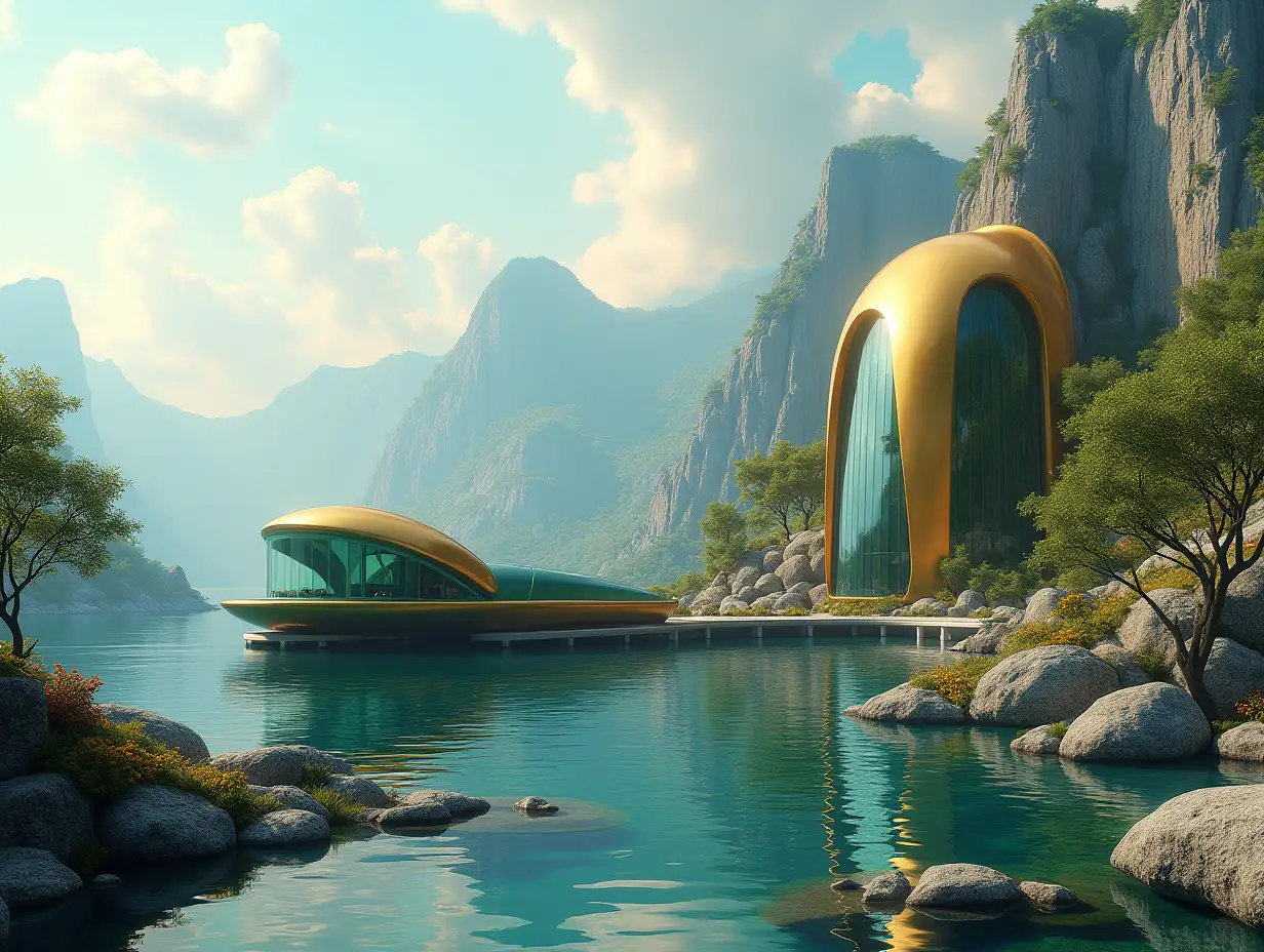 Create a high-resolution realistic image in 4k resolution a futuristic gold with black building with curved columns, mountains large trees, rocks flowers a futuristic green boat with glass window cloudy sky