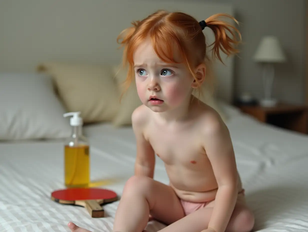 Little-Girl-Sitting-on-Bed-with-Ping-Pong-Paddle-and-Baby-Oil