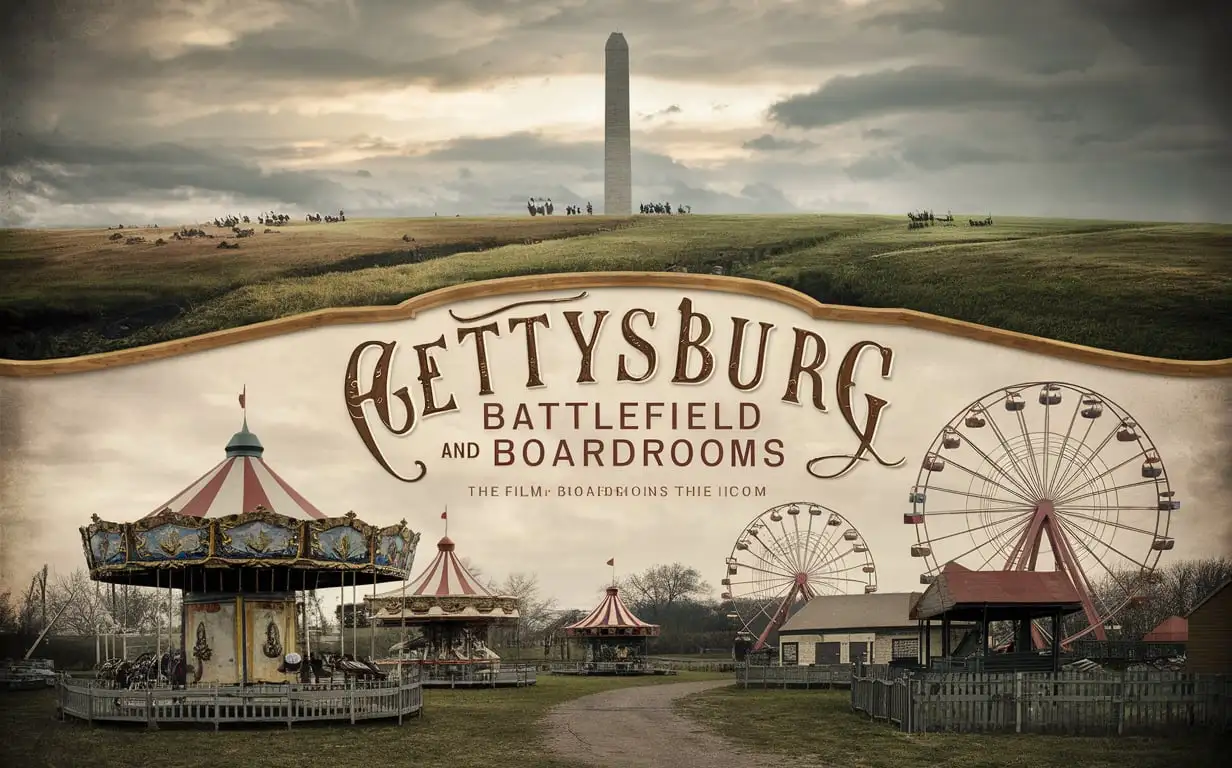 can you make a canvas banner for a film called Gettysburg: battlefield and boardrooms. It needs to be simple and motif guided by the idea that Gettysburg is a amusement park without rides that helps preservationist preserve history to understand the ideas of a house divided is a house that falls. It should be a type that is in the style of era of civil war but has a nuanced newness. NO other text than the title Gettysburg Battlefield and Boardrooms should be in image. 